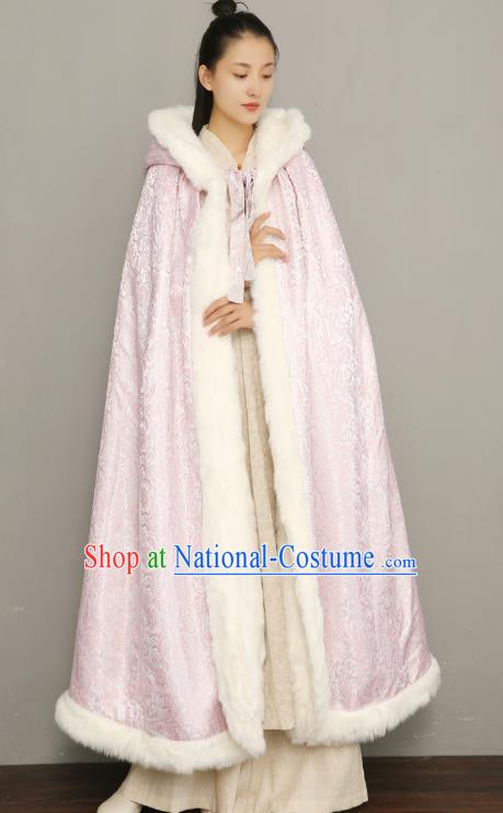 Chinese National Women Pink Silk Cape Ancient Princess Cotton Wadded Cloak Traditional Winter Costume