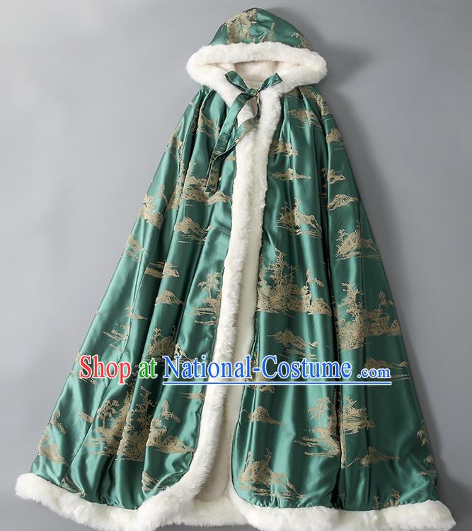 Chinese Women Green Silk Long Cape Tang Suit Cotton Wadded Cloak Traditional National Costume