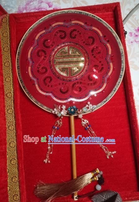 China Traditional Circular Fan Handmade Bride Red Silk Palace Fan Wedding Golden Sequins Fan