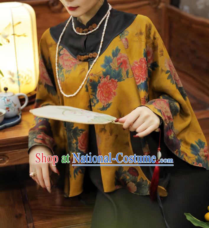 China Classical Peony Pattern Yellow Gambiered Guangdong Gauze Cloak Traditional Women Tang Suit Outer Garment