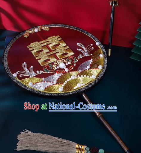 China Handmade Wedding Red Silk Fan Bride Pearls Palace Fan Traditional Cultural Dance Circular Fan