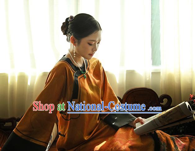 Asian Chinese Classical Ginger Silk Cheongsam Clothing Traditional Qing Dynasty Noble Woman Qipao Dress