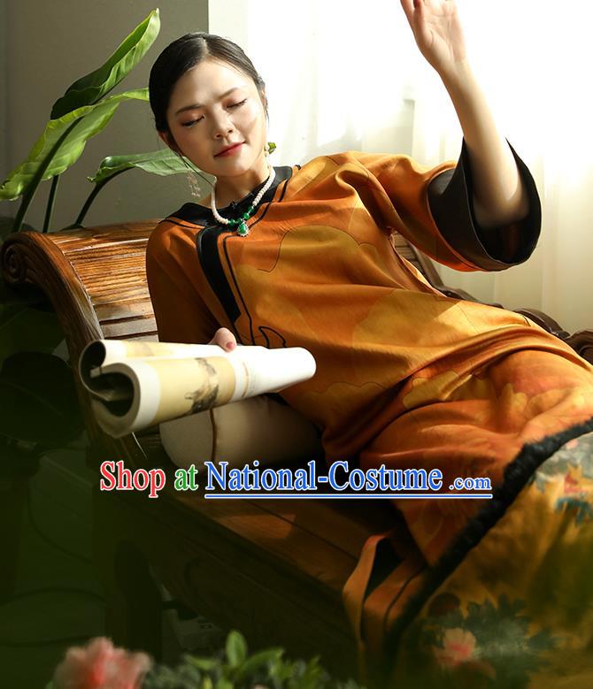 Asian Chinese Classical Ginger Silk Cheongsam Clothing Traditional Qing Dynasty Noble Woman Qipao Dress