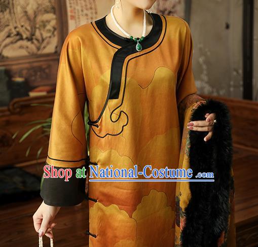 Asian Chinese Classical Ginger Silk Cheongsam Clothing Traditional Qing Dynasty Noble Woman Qipao Dress