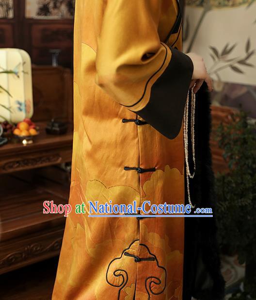 Asian Chinese Classical Ginger Silk Cheongsam Clothing Traditional Qing Dynasty Noble Woman Qipao Dress