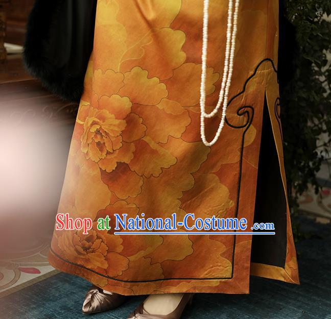 Asian Chinese Classical Ginger Silk Cheongsam Clothing Traditional Qing Dynasty Noble Woman Qipao Dress