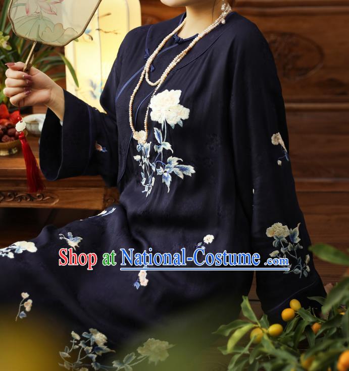 Asian Chinese Classical Wide Sleeve Cheongsam Clothing Traditional Embroidered Navy Silk Qipao Dress