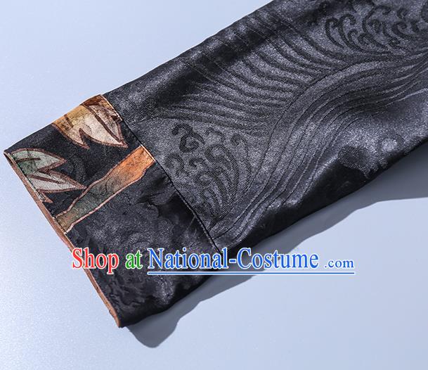 China Traditional Tang Suit Upper Outer Garment Classical Hand Painting Peony Black Silk Blouse