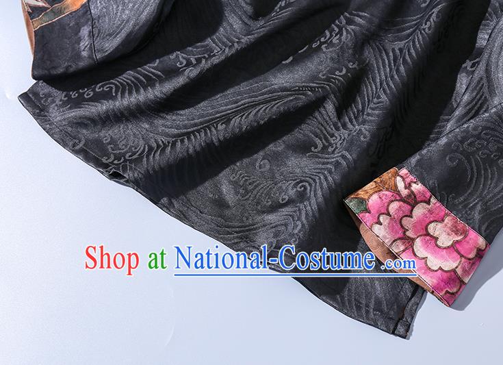 China Traditional Tang Suit Upper Outer Garment Classical Hand Painting Peony Black Silk Blouse