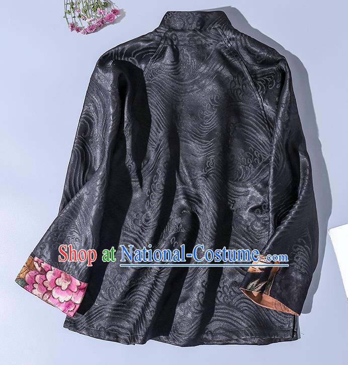 China Traditional Tang Suit Upper Outer Garment Classical Hand Painting Peony Black Silk Blouse