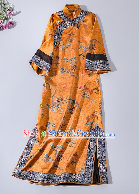 Asian Chinese Classical Printing Brocade Cheongsam Clothing Traditional Qing Dynasty Empress Golden Silk Qipao Dress