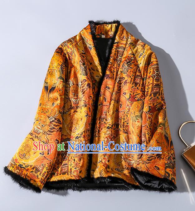 China Traditional Tang Suit Outer Garment Classical Dragons Pattern Yellow Silk Cotton Wadded Jacket