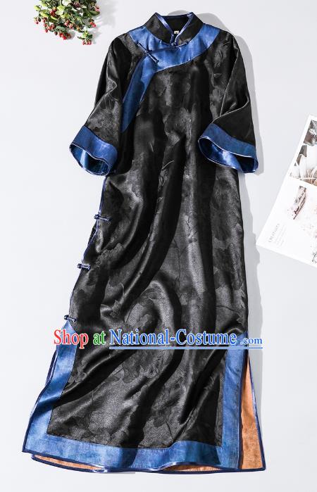 Asian Chinese Classical Black Silk Cheongsam Clothing Traditional Qing Dynasty Imperial Consort Qipao Dress