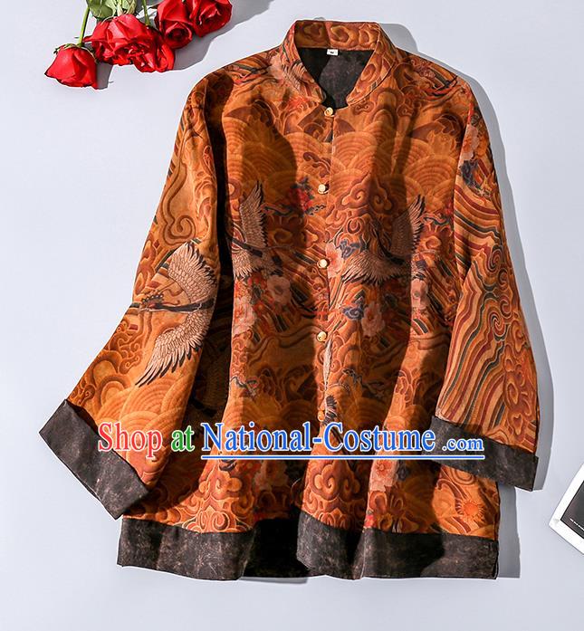 China Traditional Tang Suit Upper Outer Garment Classical Wave Cranes Pattern Ginger Silk Shirt