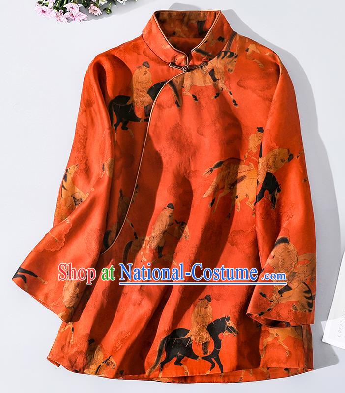 China Classical Song Dynasty Jiju Painting Pattern Red Silk Shirt Traditional Tang Suit Upper Outer Garment