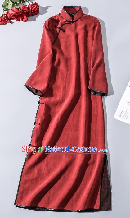 Asian Chinese Classical Silk Cheongsam Clothing Traditional Dark Red Long Qipao Dress