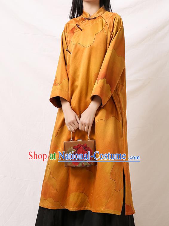 Asian Chinese Traditional Qipao Dress Clothing Classical Peony Pattern Yellow Silk Cheongsam