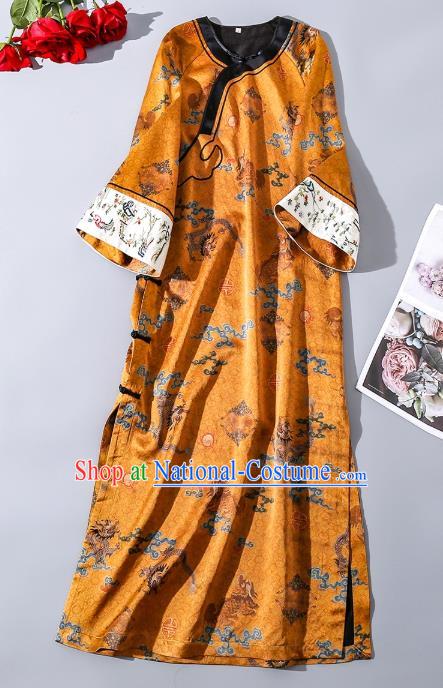 Asian Chinese Traditional Qing Dynasty Court Woman Golden Qipao Dress Clothing Classical Round Collar Silk Cheongsam