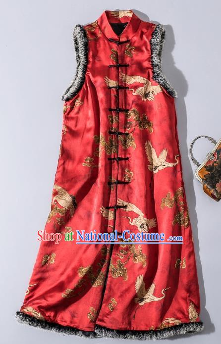 Chinese Traditional Red Silk Long Vest National Woman Gambiered Guangdong Gauze Cotton Wadded Waistcoat