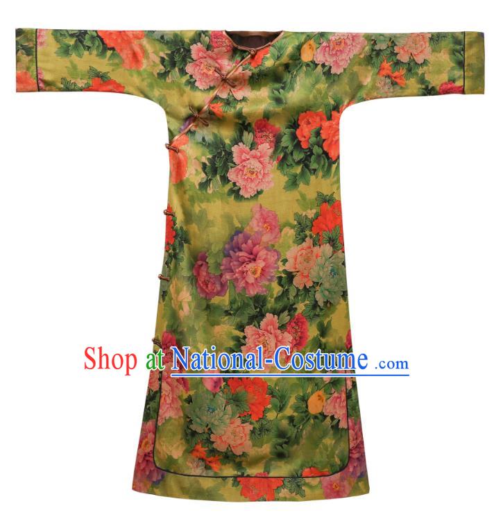 Asian Chinese Traditional Qing Dynasty Court Lady Qipao Dress Classical Peony Design Green Silk Cheongsam Clothing