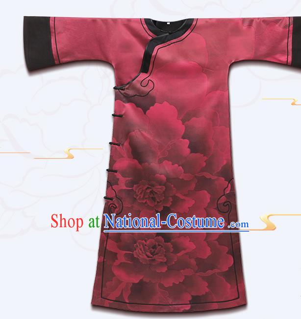 Asian Chinese Classical Peony Design Red Silk Cheongsam Clothing Traditional Qing Dynasty Court Lady Qipao Dress