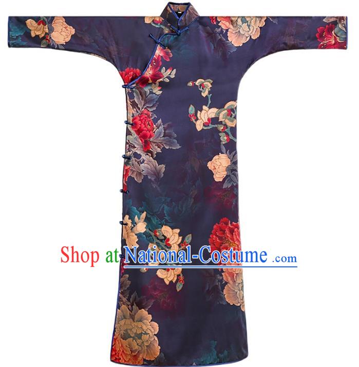 Asian Chinese Classical Cheongsam Traditional Printing Peony Purple Silk Qipao Dress Clothing