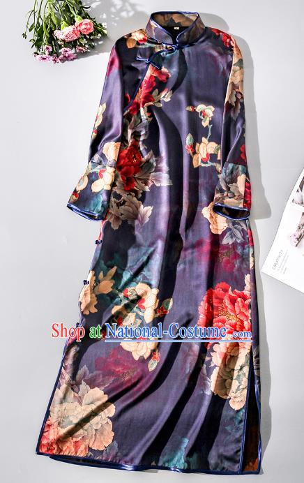 Asian Chinese Classical Cheongsam Traditional Printing Peony Purple Silk Qipao Dress Clothing