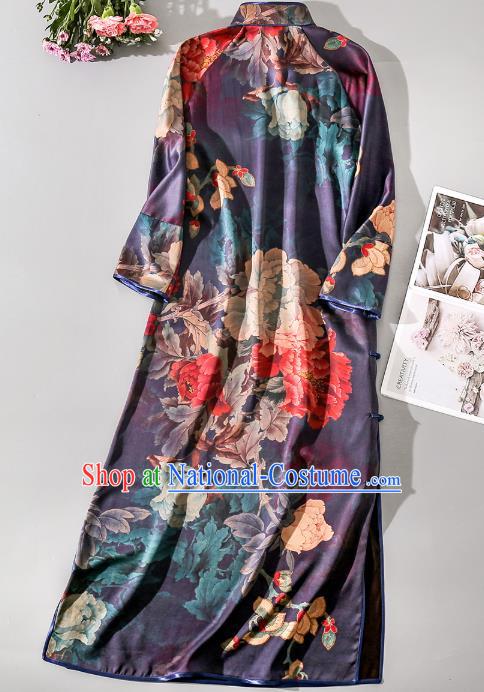 Asian Chinese Classical Cheongsam Traditional Printing Peony Purple Silk Qipao Dress Clothing