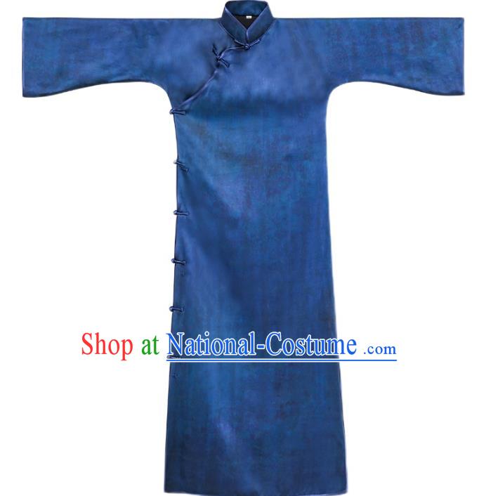 Asian Chinese Classical Wide Sleeve Cheongsam Traditional Blue Silk Long Qipao Dress Clothing