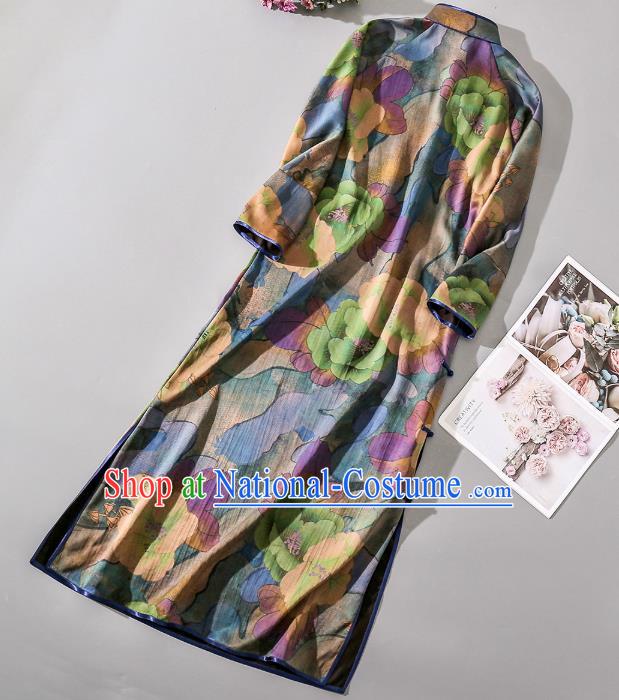 Asian Chinese Classical Camellia Pattern Cheongsam Traditional Silk Long Qipao Dress Female Clothing