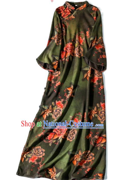 Asian Chinese Traditional Green Silk Long Qipao Dress Female Clothing Classical Peony Pattern Cheongsam