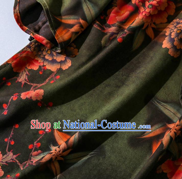 Asian Chinese Traditional Green Silk Long Qipao Dress Female Clothing Classical Peony Pattern Cheongsam