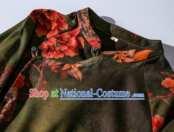 Asian Chinese Traditional Green Silk Long Qipao Dress Female Clothing Classical Peony Pattern Cheongsam