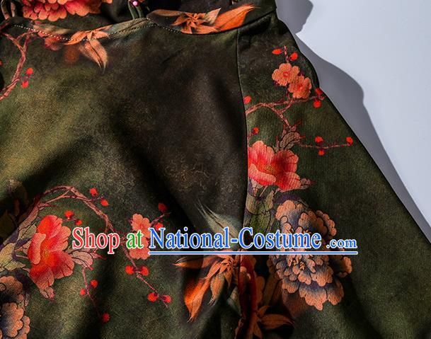 Asian Chinese Traditional Green Silk Long Qipao Dress Female Clothing Classical Peony Pattern Cheongsam