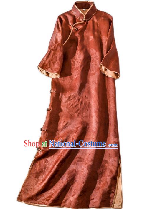 Asian Chinese Traditional Jacquard Rust Red Silk Long Qipao Dress Woman Clothing Classical Brocade Cheongsam