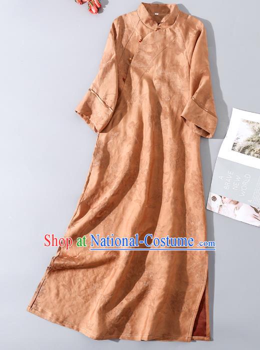 Asian Chinese Woman Clothing Classical Cheongsam Traditional Apricot Silk Long Qipao Dress