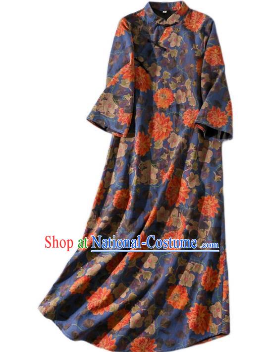 Asian Chinese Classical Peony Pattern Cheongsam Traditional Deep Blue Silk Long Qipao Dress Woman Clothing