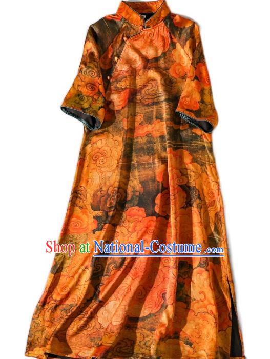 Asian Chinese Traditional Orange Silk Long Qipao Dress Woman Clothing Classical Clouds Pattern Cheongsam