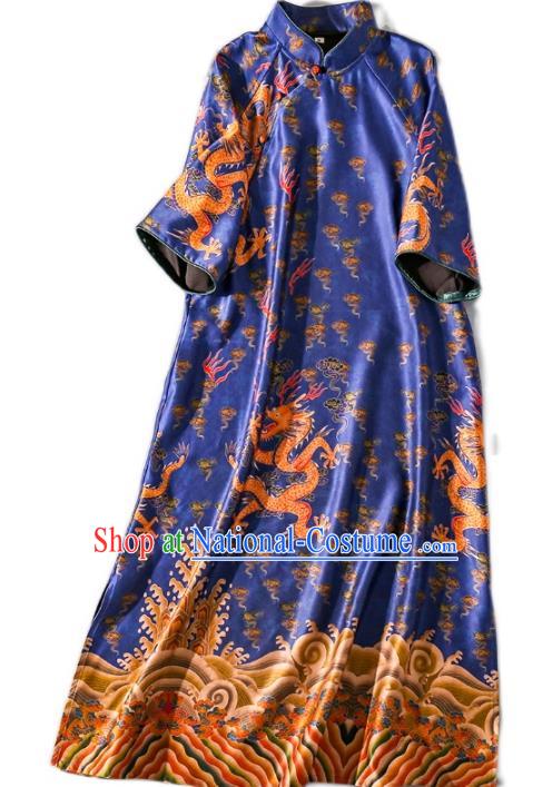 Asian Chinese Traditional Woman Royalblue Silk Long Qipao Dress Classical Dragons Pattern Brocade Cheongsam Clothing