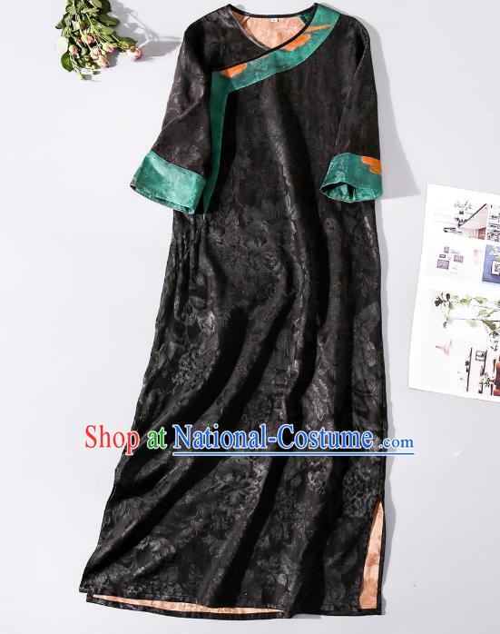 Asian Chinese Classical Jacquard Brocade Cheongsam Clothing Traditional Woman Black Silk Long Qipao Dress