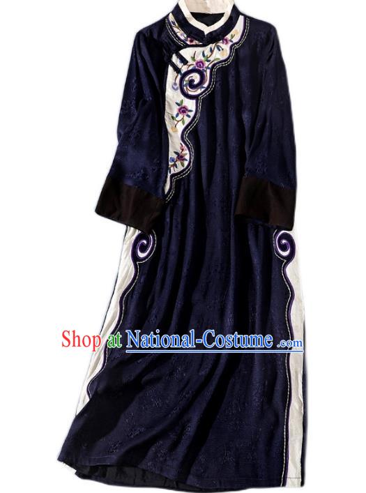 Asian Chinese Traditional Woman Deep Blue Qipao Dress Classical Silk Cheongsam Embroidered Clothing