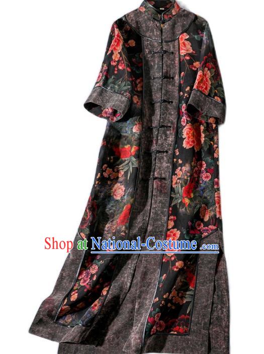 China Traditional Tang Suit Black Silk Long Dust Coat Classical Printing Peony Outer Garment Costume