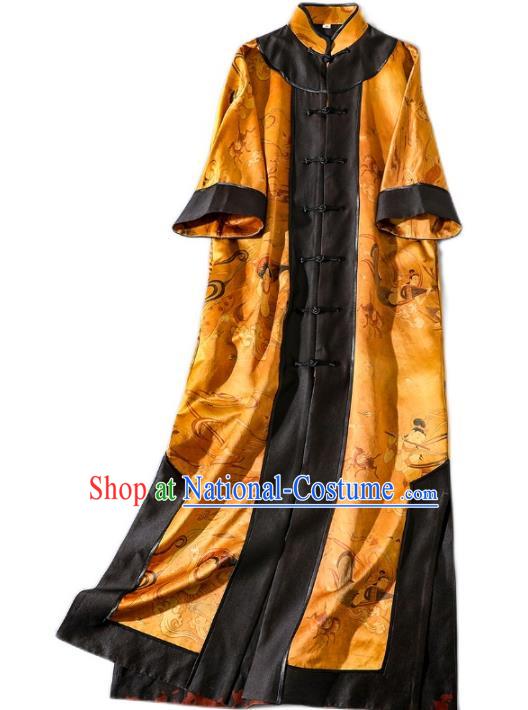 China Classical Flying Fairy Pattern Outer Garment Traditional Tang Suit Golden Silk Long Dust Coat Costume