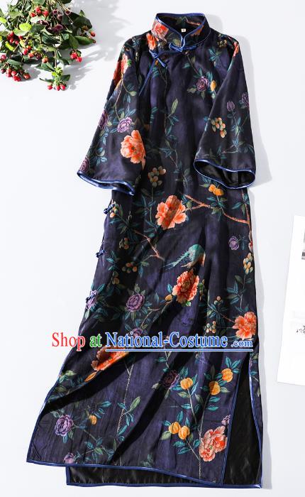 Asian Chinese National Clothing Classical Shanghai Navy Blue Silk Cheongsam Traditional Gambiered Guangdong Gauze Qipao Dress