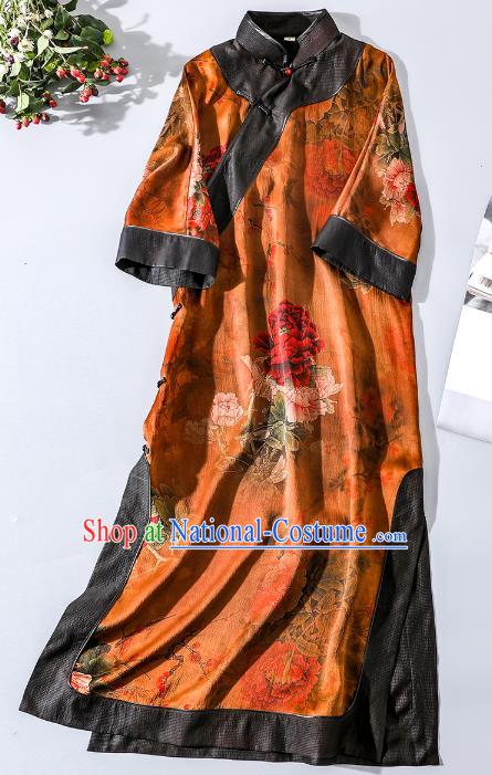 Asian Chinese Traditional Peony Pattern Qipao Dress National Clothing Classical Shanghai Beauty Orange Silk Cheongsam