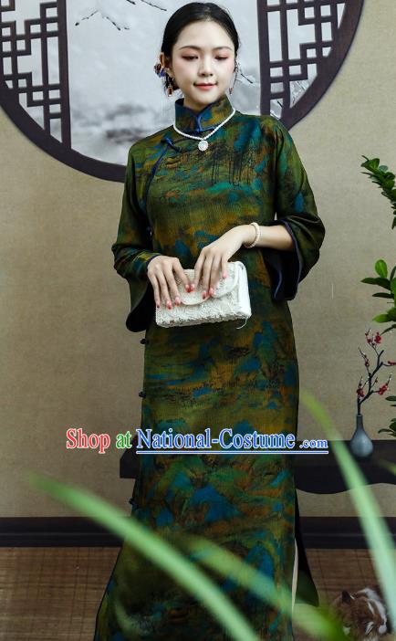 Asian Chinese Classical Stand Collar Cheongsam Clothing Traditional Green Silk Qipao Dress