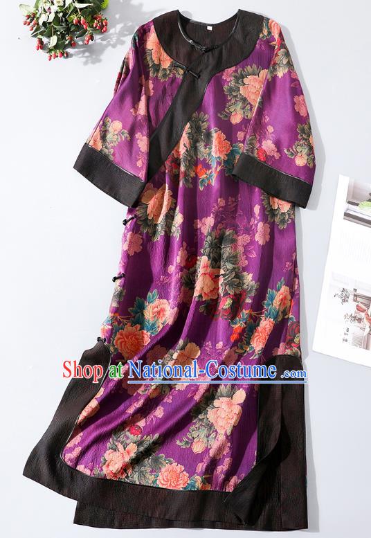 Asian Chinese Classical Young Lady Purple Silk Cheongsam Traditional Peony Pattern Qipao Dress National Clothing