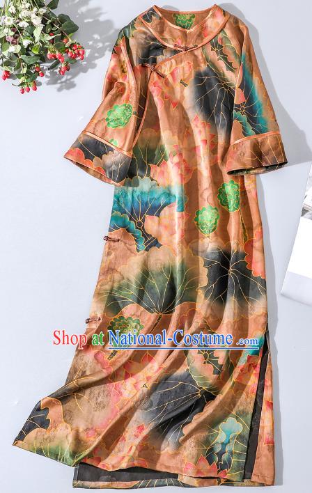 Asian Chinese Classical Orange Silk Cheongsam National Clothing Traditional Lotus Pattern Qipao Dress