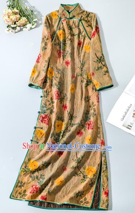 Asian Chinese Classical Silk Cheongsam National Shanghai Beauty Clothing Traditional Ginger Qipao Dress