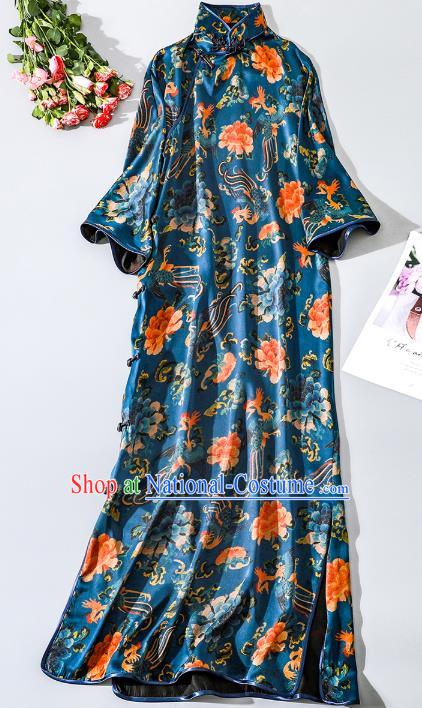 Asian Chinese Traditional Phoenix Peony Pattern Blue Silk Qipao Dress Clothing Classical Stand Collar Cheongsam